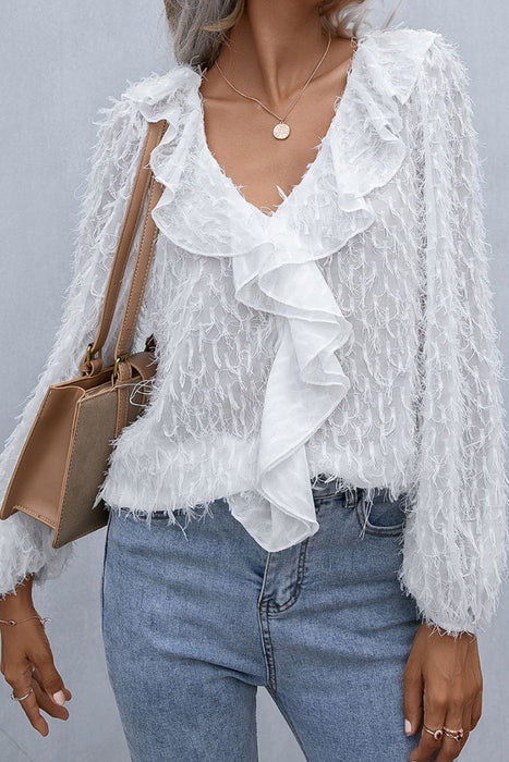 Ivy Lane Ruffle Hem Fringe V-Neck Balloon Sleeve Blouse