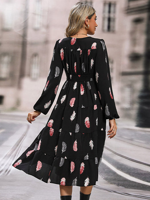 Perfee Printed V-Neck Slit Dress