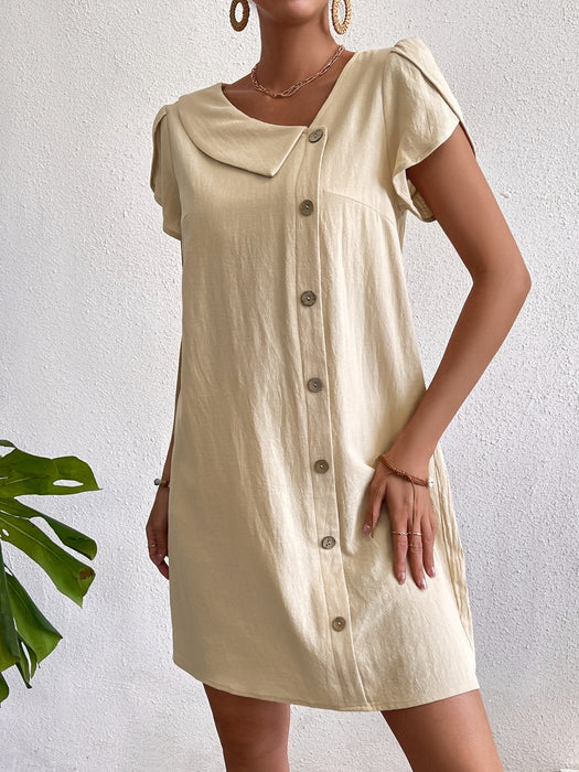 Decorative Button Asymmetrical Neck Short Sleeve Dress