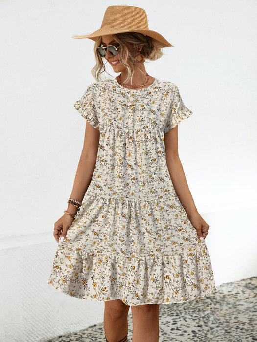 Frill Floral Round Neck Short Sleeve Tiered Dress