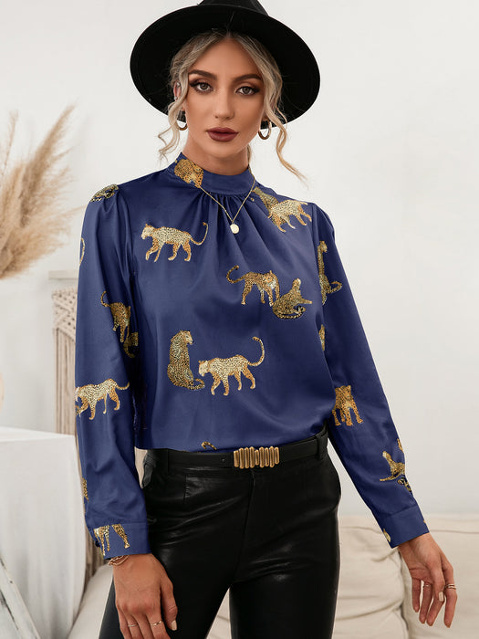 Ivy Lane Leopard Graphic Mock Neck Puff Sleeve Blouse