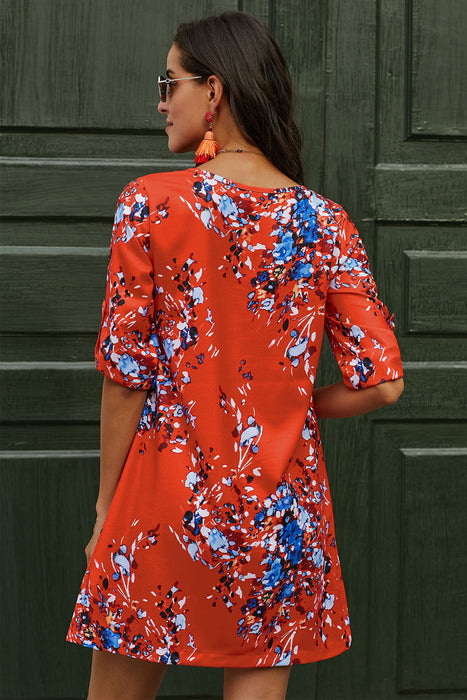 Printed Buttoned V-Neck Half Sleeve Dress