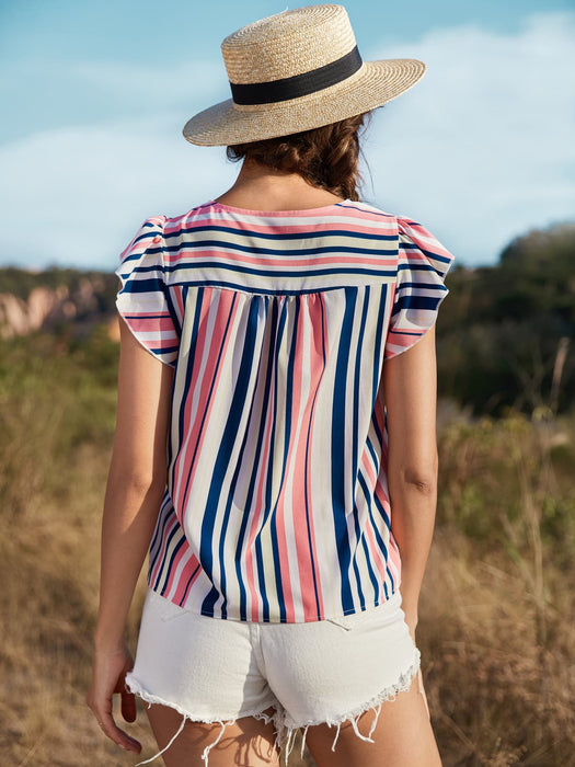 Honey Striped Flutter Sleeve Tied Blouse