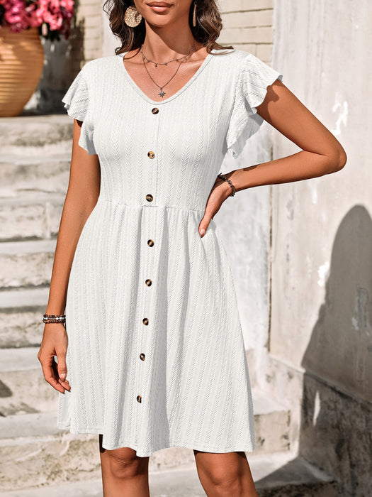 Decorative Button Ruffled V-Neck Dress