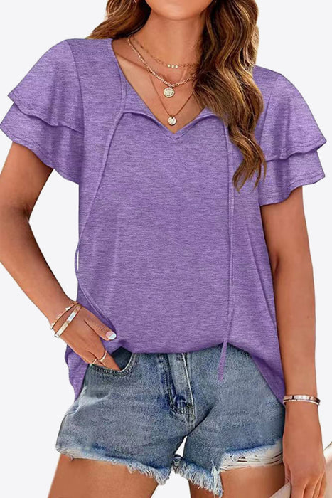 Tie-Neck Layered Flutter Sleeve Blouse