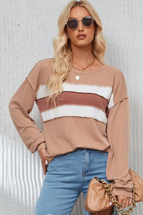 Ribbed Color Block Exposed Seam Round Neck Blouse