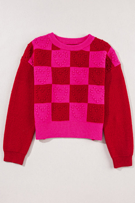 Checkered Round Neck Dropped Shoulder Sweater