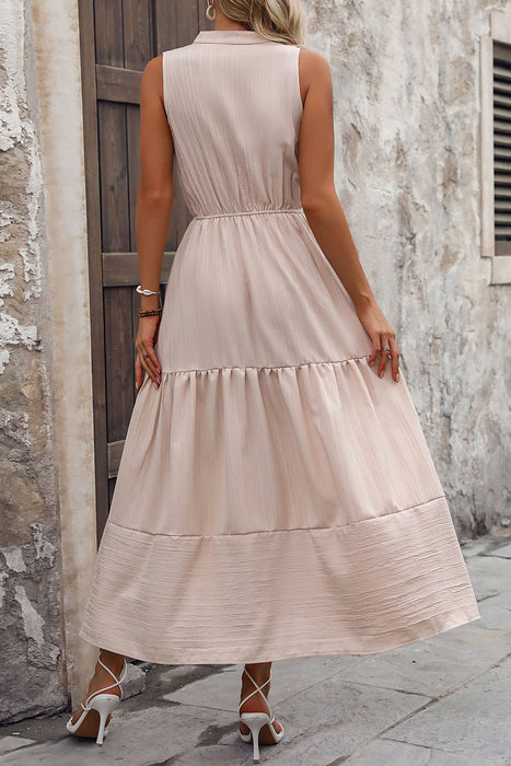 Perfee Decorative Button Notched Tiered Dress