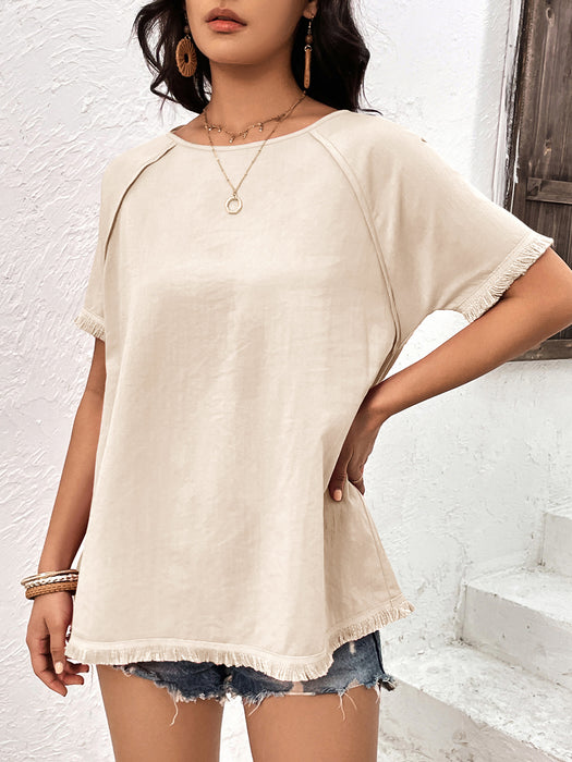 Ivy Lane Round Neck Raglan Sleeve Fringe Detail Top