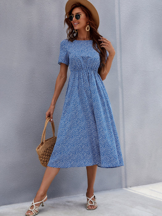 Honey Printed Round Neck Short Sleeve Midi Dress