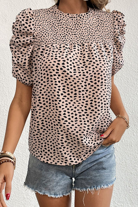 Perfee Printed Smocked Puff Sleeve Blouse