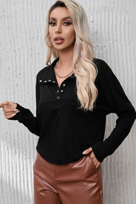 Ribbed Knit Henry Collar Loose Fitting Long Sleeve Top