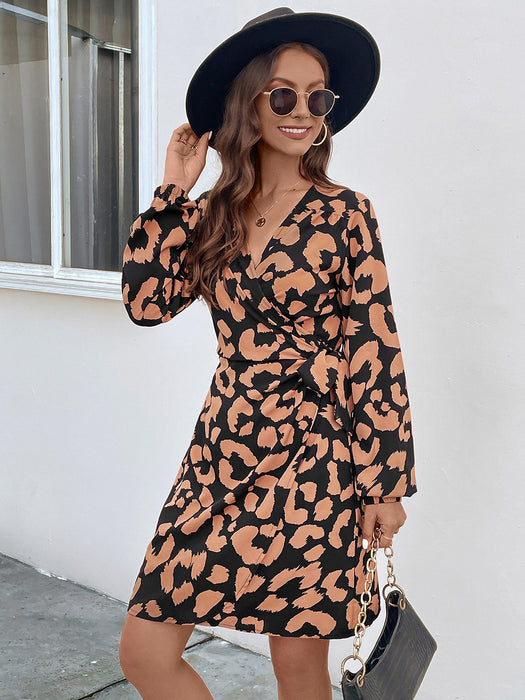 Perfee Printed Surplice Long Sleeve Dress