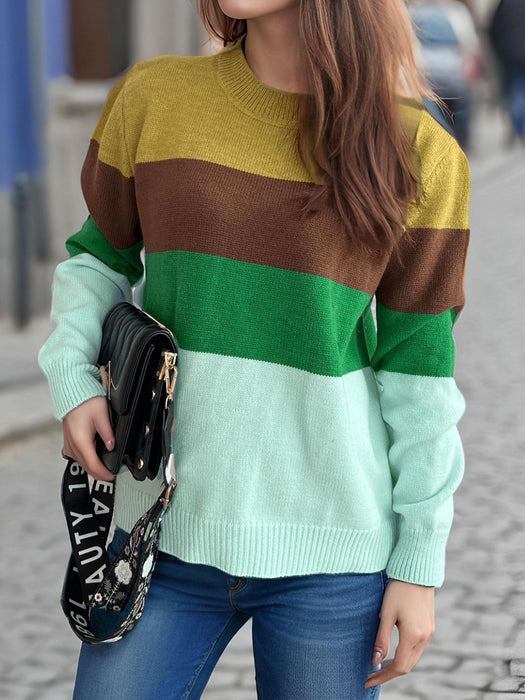 Color Block Round Neck Long Sleeve Sweater