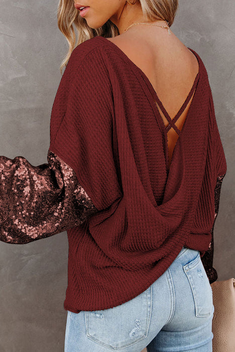 Sequin Waffle-Knit Blouse