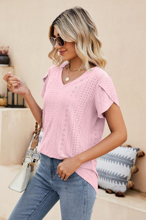 Eyelet Petal Sleeve V-Neck Knit Top