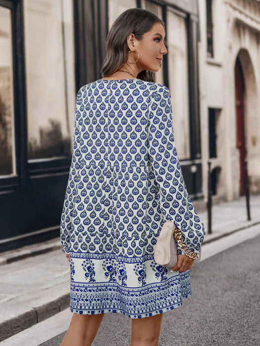 Printed Tie Neck Long Sleeve Dress