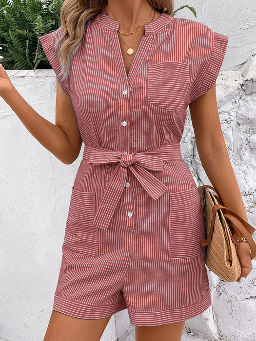 Perfee Striped Notched Tie Waist Romper