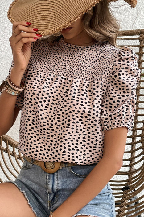 Perfee Printed Smocked Puff Sleeve Blouse