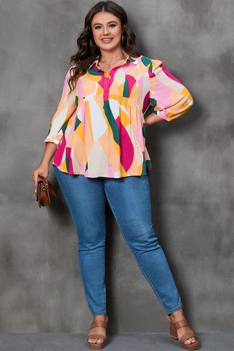 Plus Size Printed Collared Neck Half Button Top