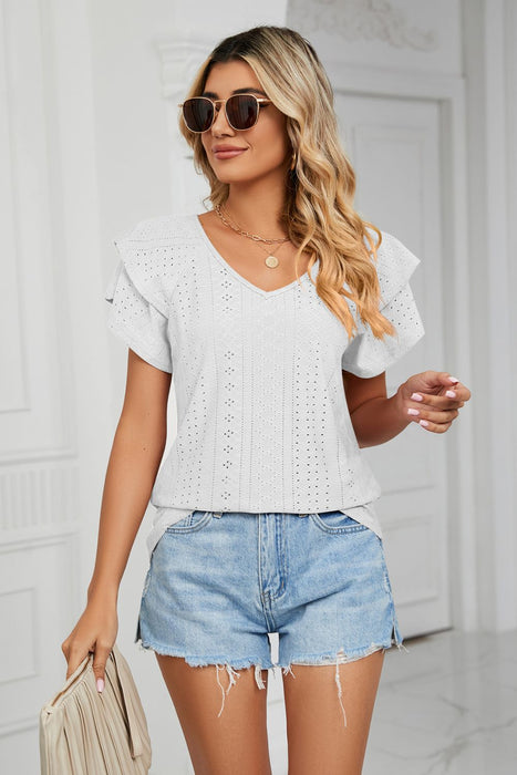 Eyelet Layered Flutter Sleeve V-Neck Knit Top