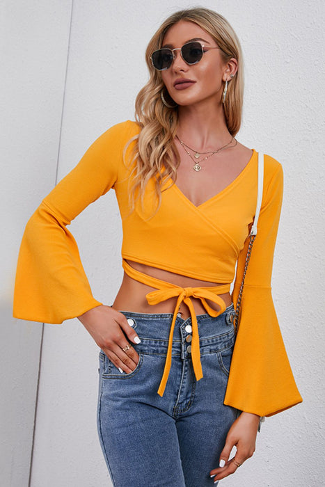 Tie Front Flare Sleeve Cropped Top