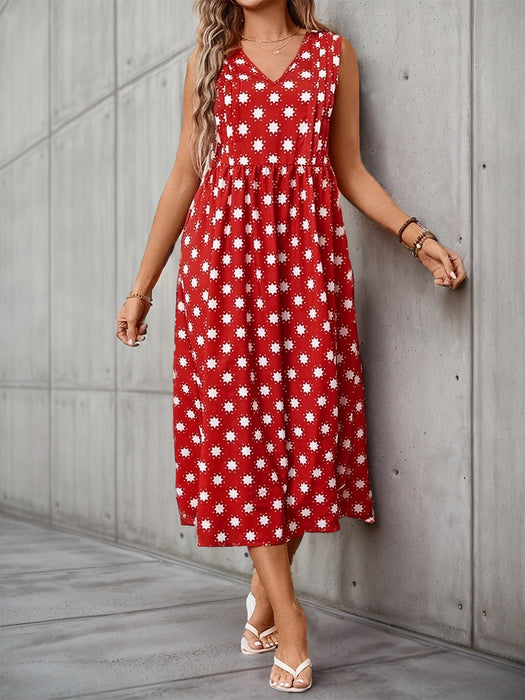 Perfee Printed V-Neck Sleeveless Midi Dress