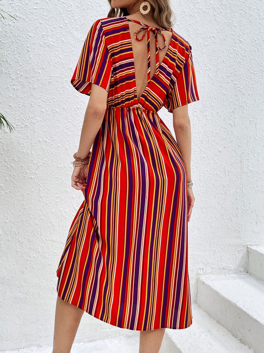 Perfee Slit Striped V-Neck Short Sleeve Midi Dress