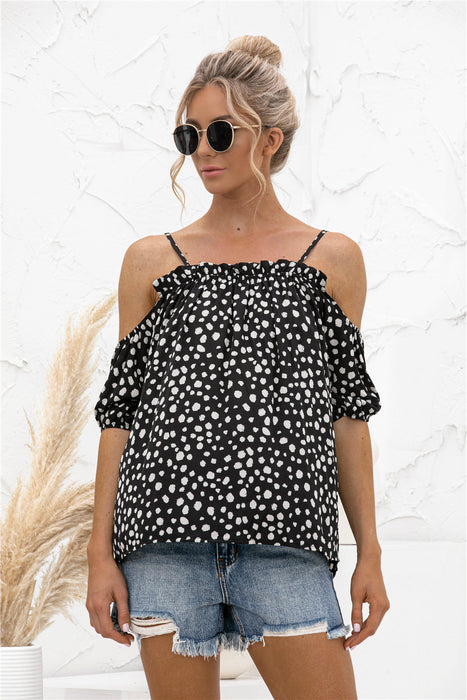 Printed Cold-Shoulder Frill Trim Blouse