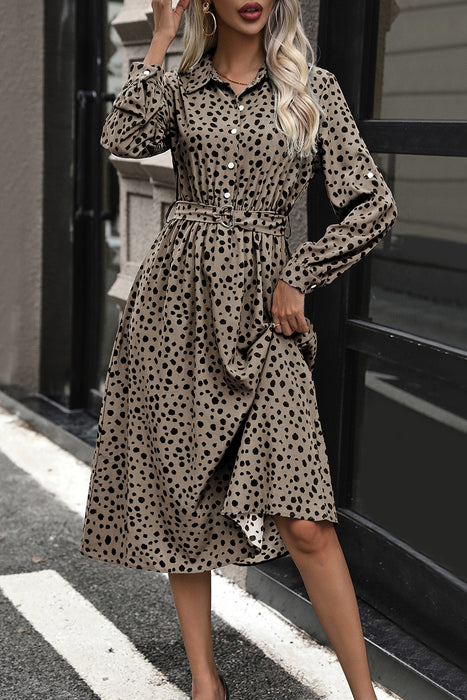 Perfee Printed Belted Long Sleeve Midi Dress