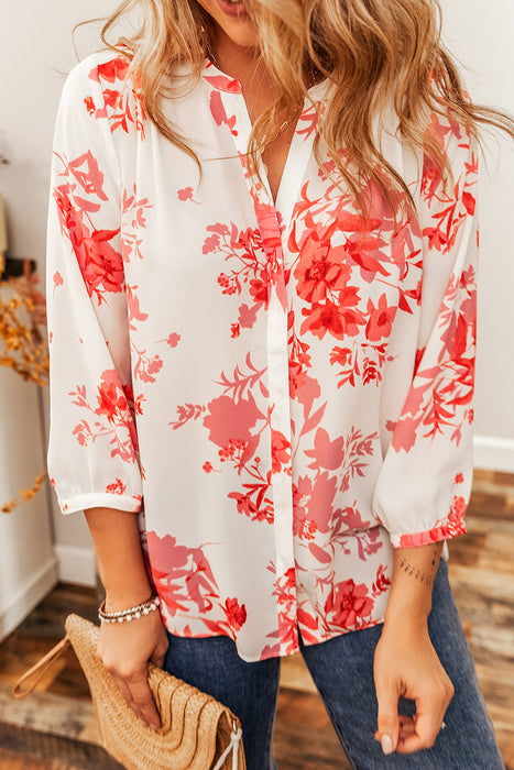 Floral Notched Long Sleeve Blouse