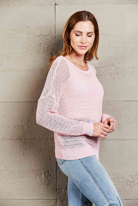 Openwork Round Neck Dropped Shoulder Knit Top