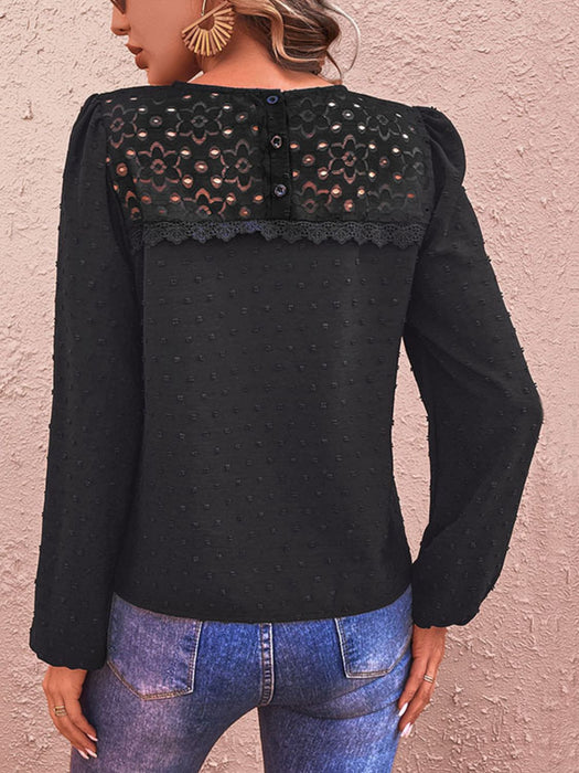 Perfee Swiss Dot Lace Trim Long Sleeve Blouse