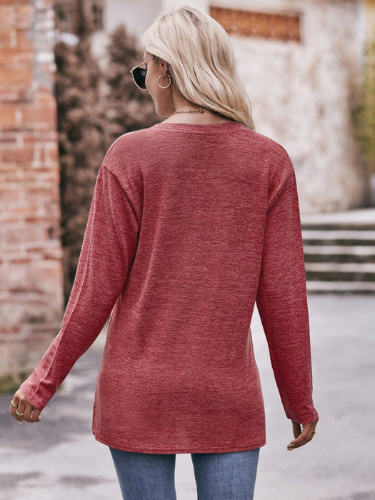 Mandy Buttoned Notched Neck Long Sleeve Top