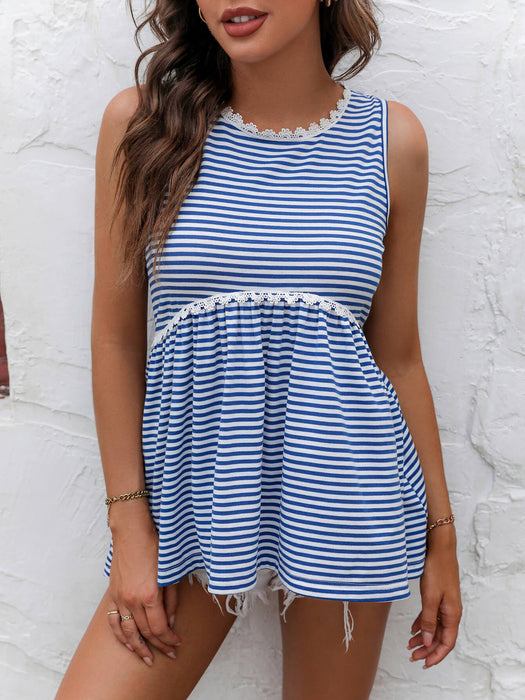 Ivy Lane Striped Lace Trim Round Neck Tank