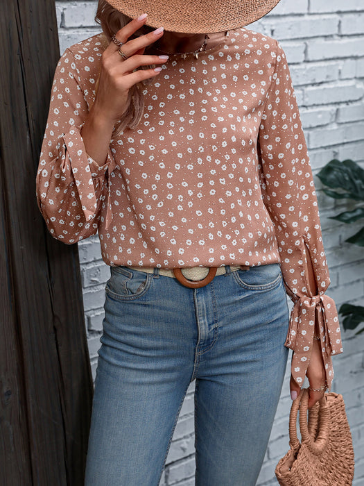 Honey Printed Round Neck Tie Cuff Blouse