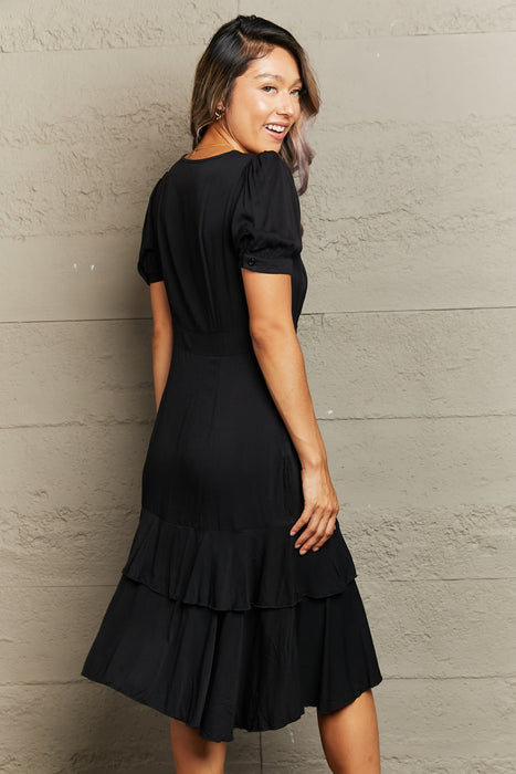 Perfee Decorative Button Surplice Ruffle Hem Dress