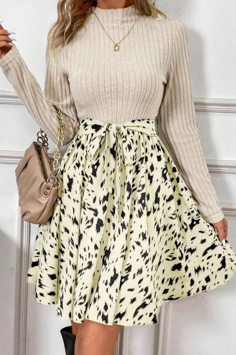 Printed Tie Waist Mock Neck Long Sleeve Dress