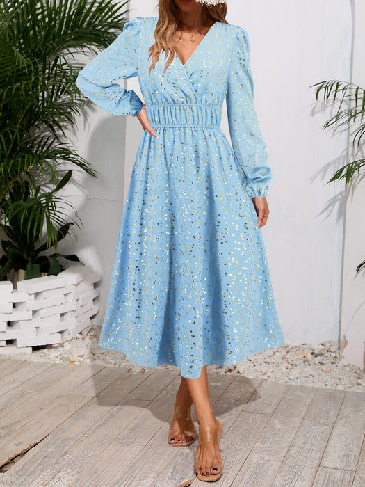 Printed Surplice Long Sleeve Midi Dress