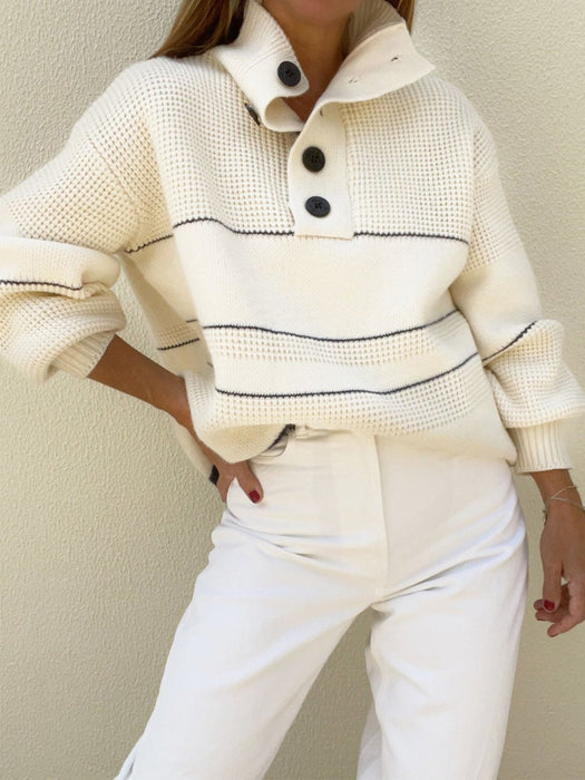 Waffle-Knit Half Button Long Sleeve Sweater