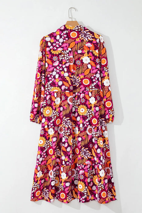 Printed Johnny Collar Long Sleeve Midi Dress