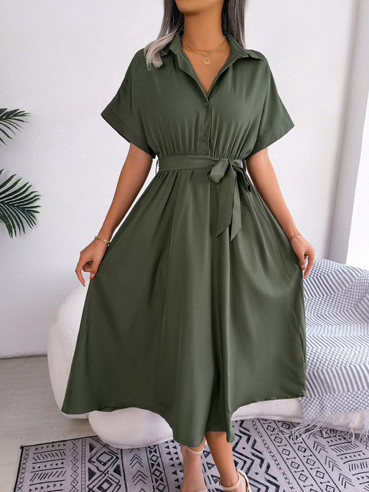 Short Sleeve Collared Tie Belt Dress