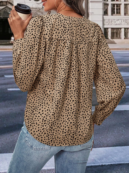 Perfee Leopard Notched Neck Puff Sleeve Blouse