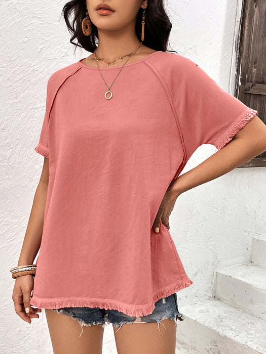 Ivy Lane Round Neck Raglan Sleeve Fringe Detail Top