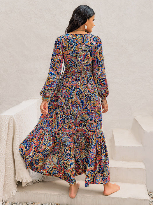 Printed Tie Neck Long Sleeve Midi Dress