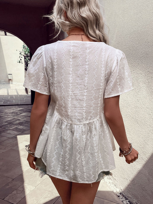 Perfee Tied Decorative Buttons Short Puff Sleeve Blouse