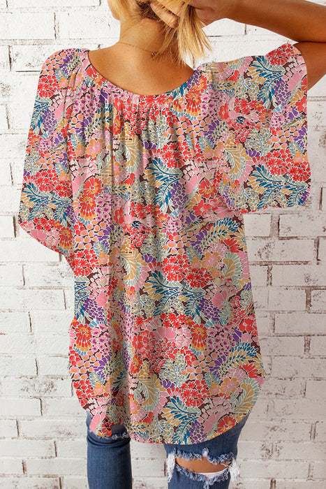 Floral Notched Neck Flutter Sleeve Blouse