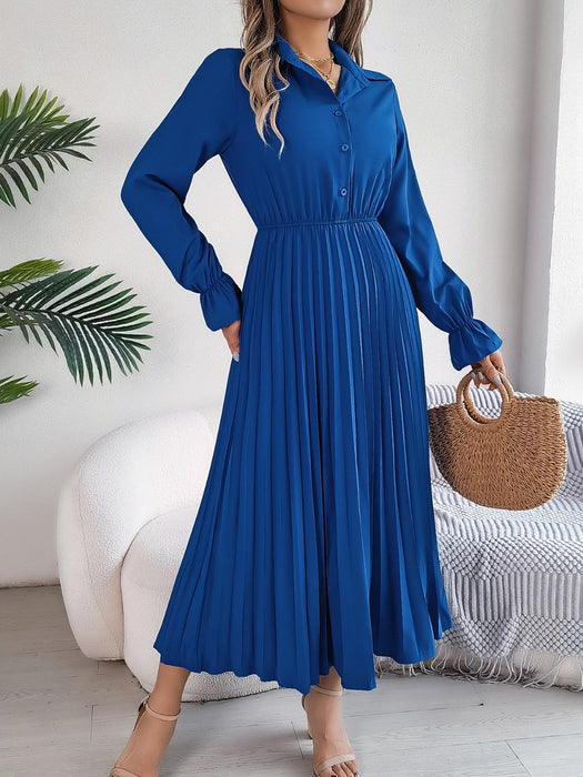 Pleated Half Button Long Sleeve Midi Dress