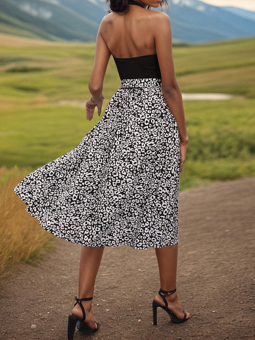 Perfee Leopard Halter Neck Midi Dress