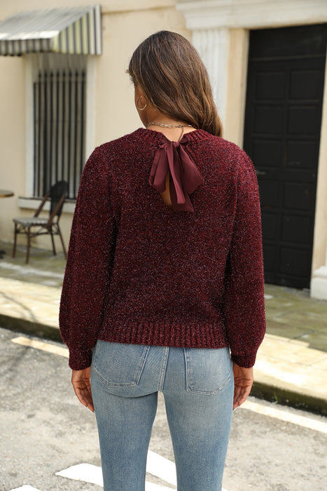 Tied Heathered Round Neck Long Sleeve Sweater